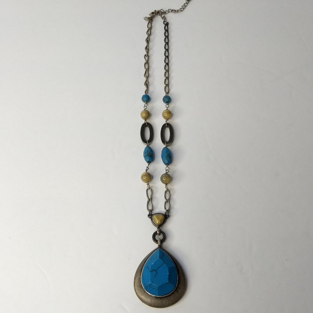 Lia Sophia Blue Faceted Pendant Necklace Silver Tone Mustard Stones Links Y2K
